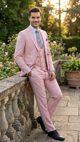 Rossiman Men’s Slim Fit Pink Suit - Elegant Double-Breasted Vest & Tailored Flat Front Pants - Italian 3-Piece Luxury Suit USA Men's Outlet