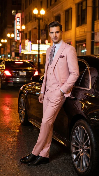 Rossiman Men’s Slim Fit Pink Suit - Elegant Double-Breasted Vest & Tailored Flat Front Pants - Italian 3-Piece Luxury Suit USA Men's Outlet