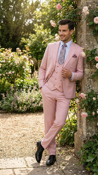 Rossiman Men’s Slim Fit Pink Suit - Elegant Double-Breasted Vest & Tailored Flat Front Pants - Italian 3-Piece Luxury Suit USA Men's Outlet