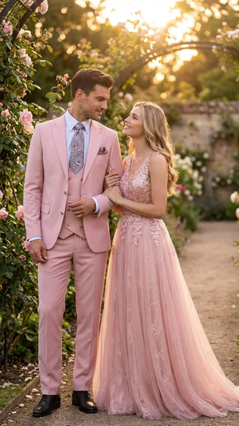 Rossiman Men’s Slim Fit Pink Suit - Elegant Double-Breasted Vest & Tailored Flat Front Pants - Italian 3-Piece Luxury Suit USA Men's Outlet
