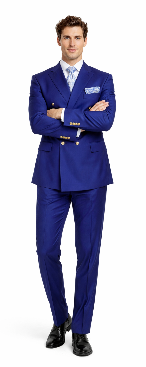 Rossiman Men’s Slim Fit Royal Blue Suit - Double-Breasted Elegance - Italian Tailored Luxury 3-Piece Suit for Men by USA Men's Outlet