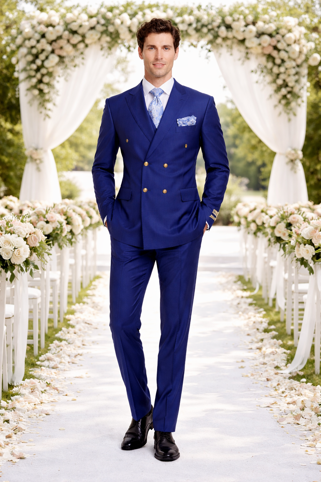 Rossiman Men’s Slim Fit Royal Blue Suit - Double-Breasted Elegance - Italian Tailored Luxury 3-Piece Suit for Men by USA Men's Outlet