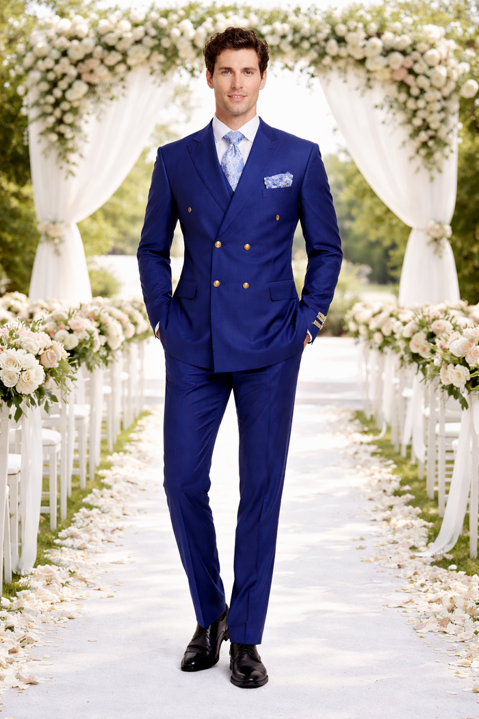 Rossiman Men’s Slim Fit Royal Blue Suit - Double-Breasted Elegance - Italian Tailored Luxury 3-Piece Suit for Men by USA Men's Outlet