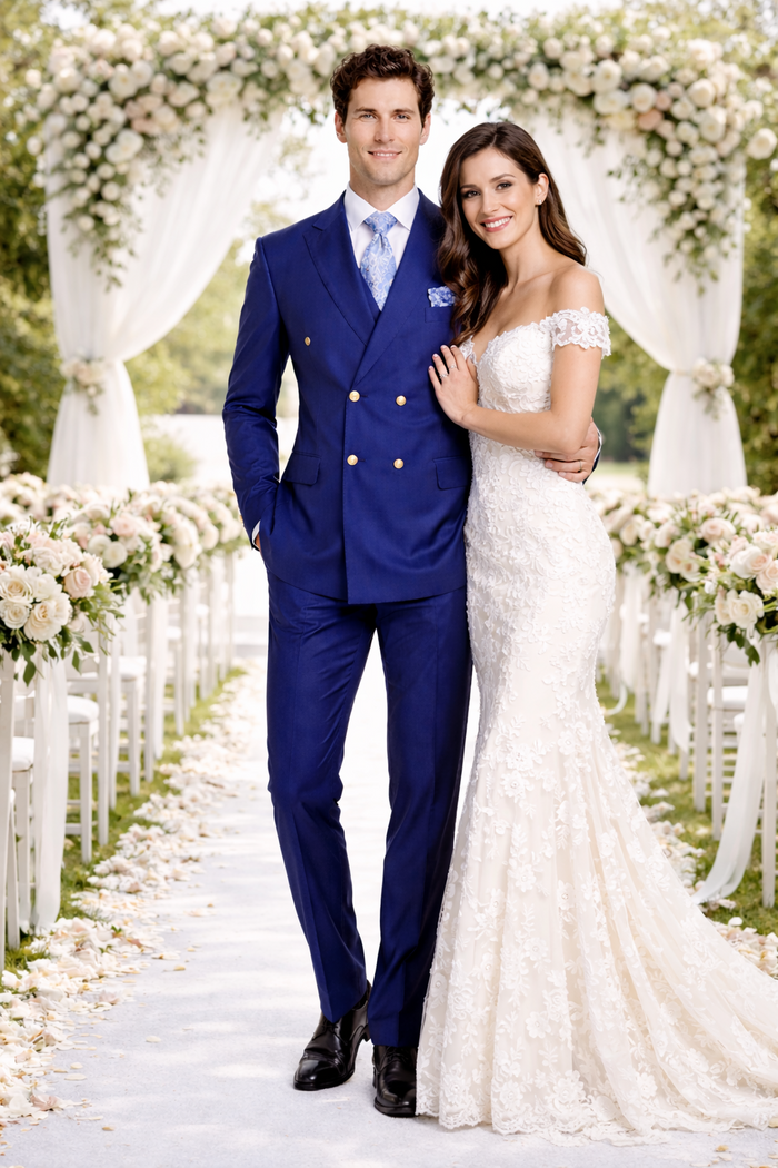 Rossiman Men’s Slim Fit Royal Blue Suit - Double-Breasted Elegance - Italian Tailored Luxury 3-Piece Suit for Men by USA Men's Outlet
