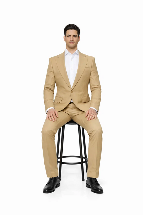 Rossiman Men’s Tan Seersucker Suit - Peak Lapel Formalwear with Tone-on-Tone Shadow Stripe by USA Men's Outlet