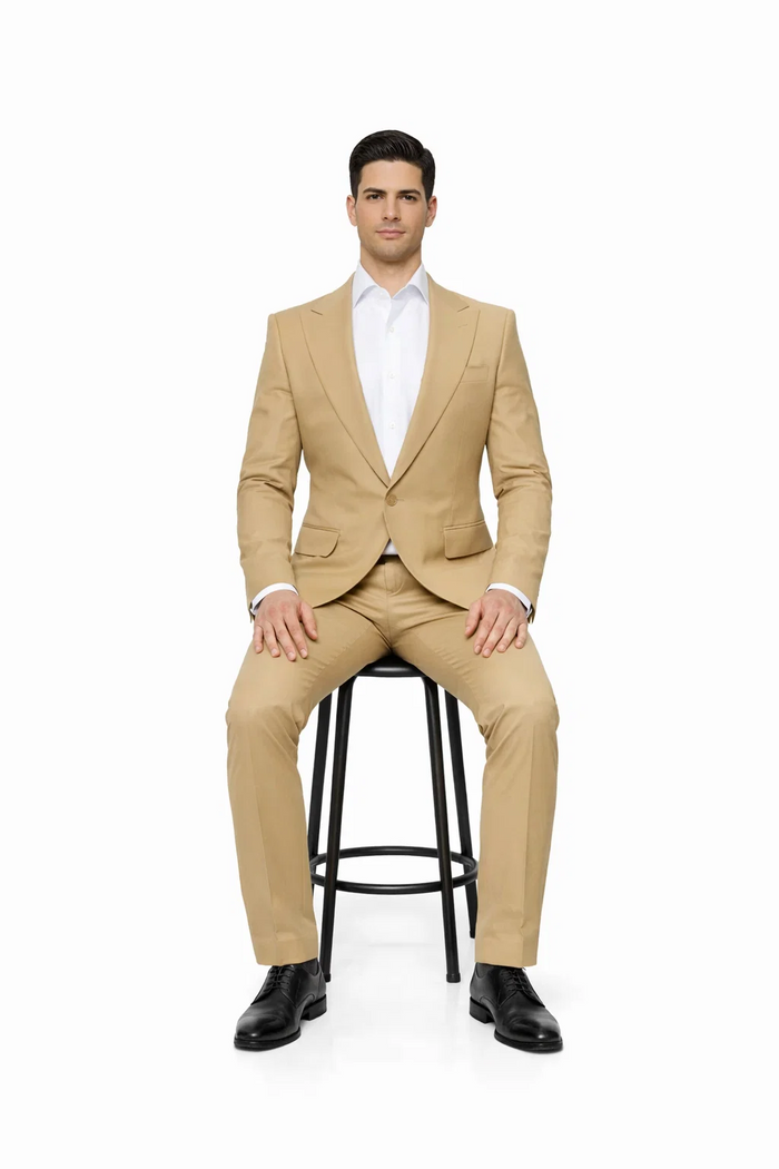 Rossiman Men’s Tan Seersucker Suit - Peak Lapel Formalwear with Tone-on-Tone Shadow Stripe by USA Men's Outlet