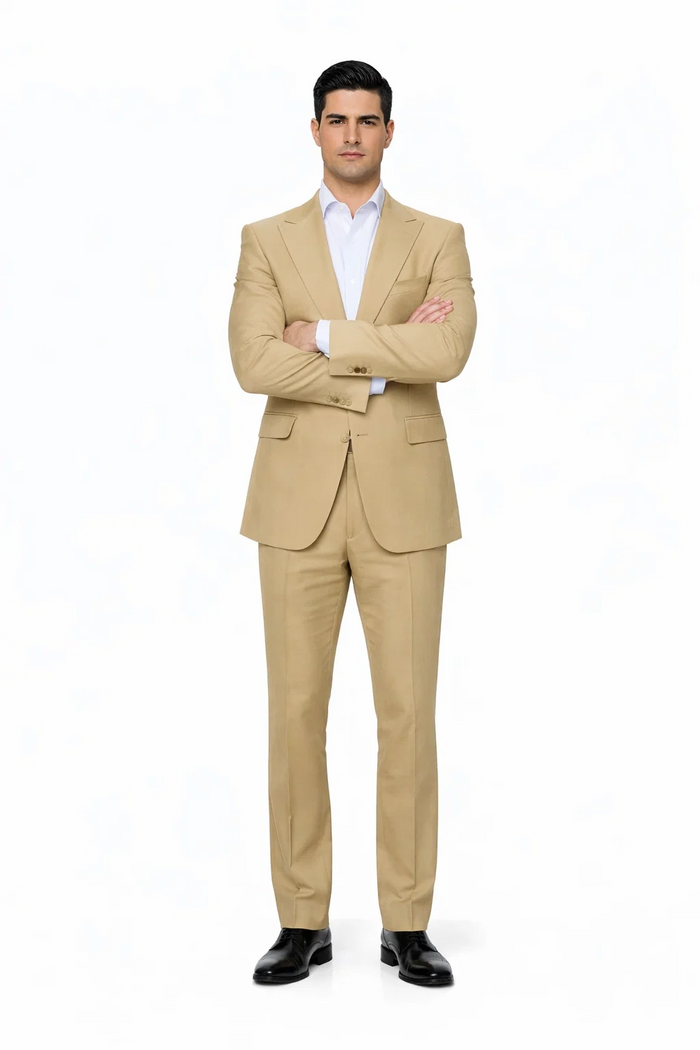 Rossiman Men’s Tan Seersucker Suit - Peak Lapel Formalwear with Tone-on-Tone Shadow Stripe by USA Men's Outlet