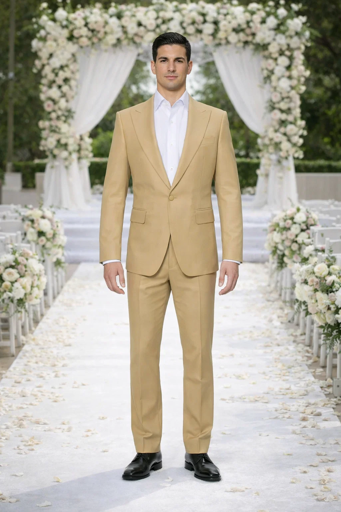 Rossiman Men’s Tan Seersucker Suit - Peak Lapel Formalwear with Tone-on-Tone Shadow Stripe by USA Men's Outlet
