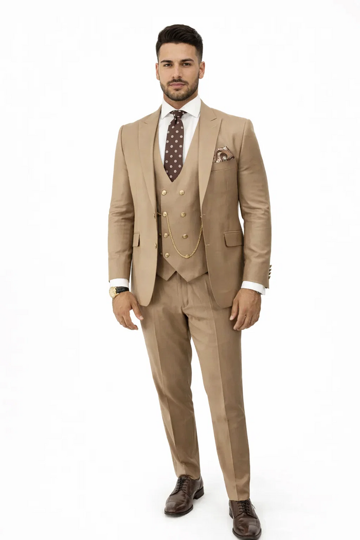 Rossiman Men’s Tan Suit - Gold Buttons & Double-Breasted Vest Elegance - Italian Tailored Luxury Suit for Men by USA Men's Outlet