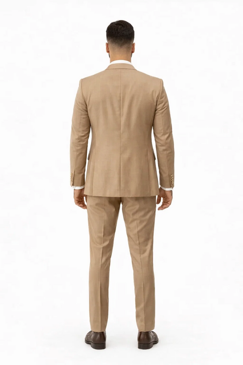 Rossiman Men’s Tan Suit - Gold Buttons & Double-Breasted Vest Elegance - Italian Tailored Luxury Suit for Men by USA Men's Outlet