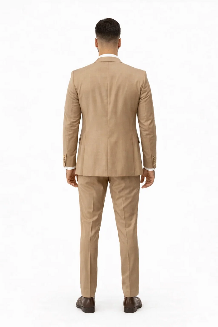 Rossiman Men’s Tan Suit - Gold Buttons & Double-Breasted Vest Elegance - Italian Tailored Luxury Suit for Men by USA Men's Outlet