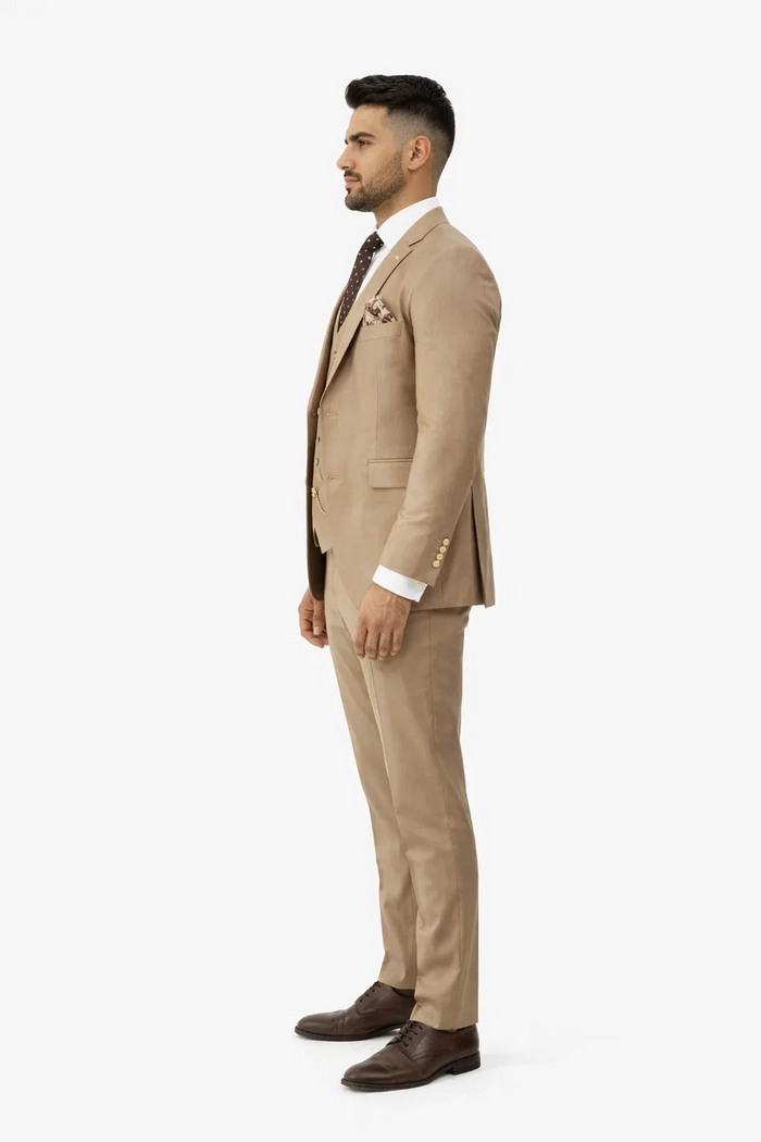 Rossiman Men’s Tan Suit - Gold Buttons & Double-Breasted Vest Elegance - Italian Tailored Luxury Suit for Men by USA Men's Outlet