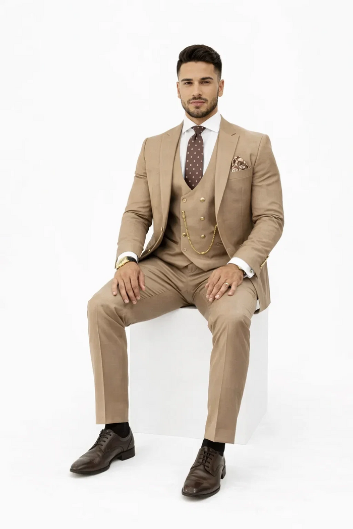 Rossiman Men’s Tan Suit - Gold Buttons & Double-Breasted Vest Elegance - Italian Tailored Luxury Suit for Men by USA Men's Outlet