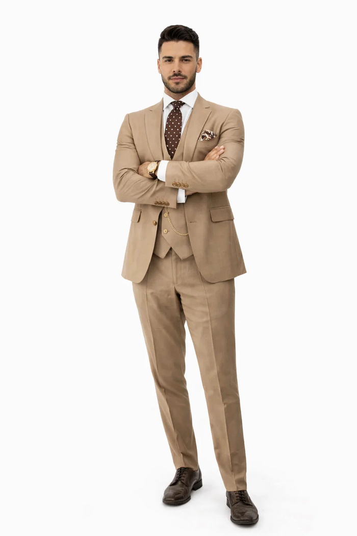 Rossiman Men’s Tan Suit - Gold Buttons & Double-Breasted Vest Elegance - Italian Tailored Luxury Suit for Men by USA Men's Outlet