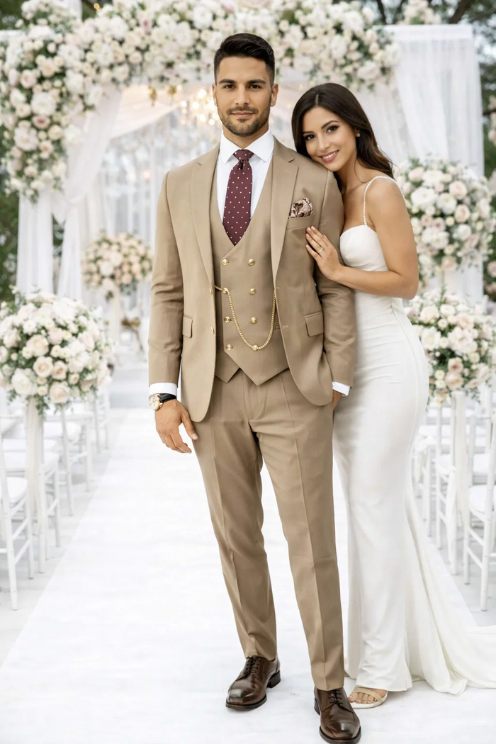 Rossiman Men’s Tan Suit - Gold Buttons & Double-Breasted Vest Elegance - Italian Tailored Luxury Suit for Men by USA Men's Outlet