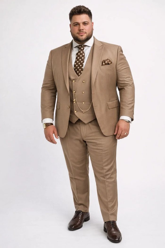 Rossiman Men’s Tan Suit - Gold Buttons & Double-Breasted Vest Elegance - Italian Tailored Luxury Suit for Men by USA Men's Outlet