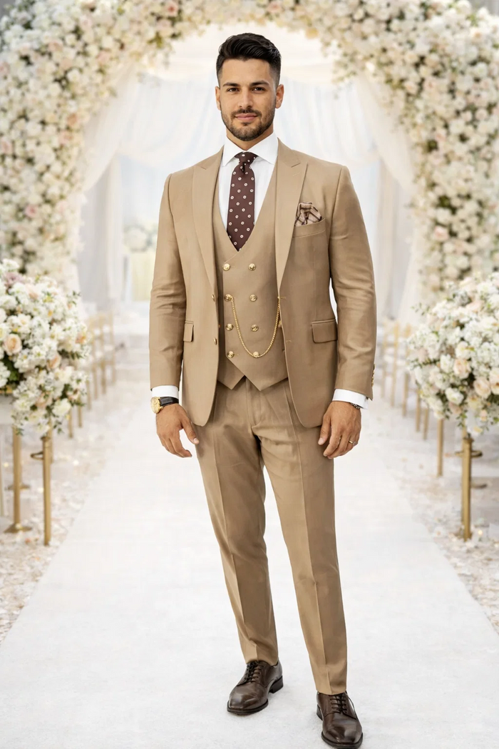 Rossiman Men’s Tan Suit - Gold Buttons & Double-Breasted Vest Elegance - Italian Tailored Luxury Suit for Men by USA Men's Outlet