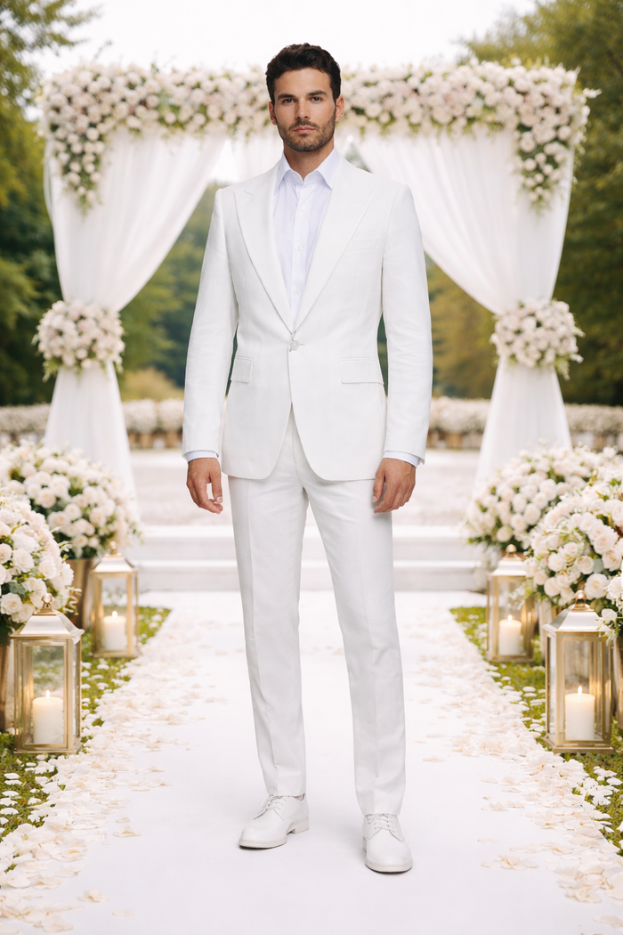 Rossiman Men’s White Seersucker Suit - Peak Lapel Summer Formalwear at USA Men's Outlet