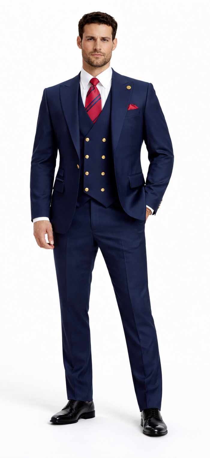 Rossiman Men’s Navy Blue Suit - Classic 1-Button Peak Lapel Jacket with Double-Breasted Vest by USA Men's Outlet