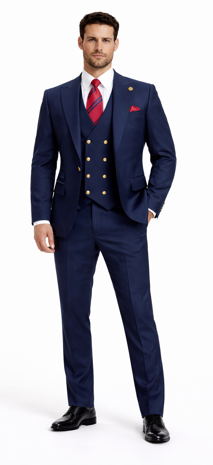 Rossiman Men’s Navy Blue Suit - Classic 1-Button Peak Lapel Jacket with Double-Breasted Vest by USA Men's Outlet