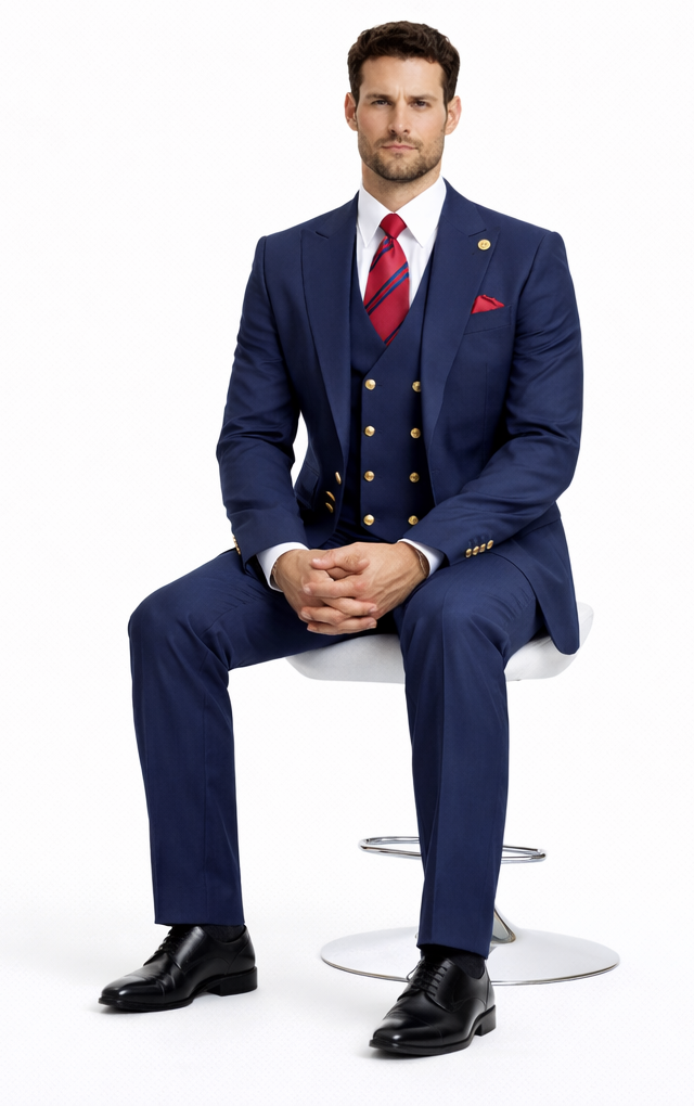 Rossiman Men’s Navy Blue Suit - Classic 1-Button Peak Lapel Jacket with Double-Breasted Vest by USA Men's Outlet