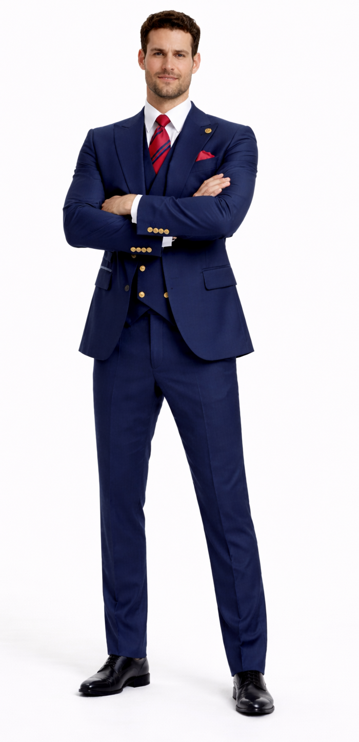 Rossiman Men’s Navy Blue Suit - Classic 1-Button Peak Lapel Jacket with Double-Breasted Vest by USA Men's Outlet
