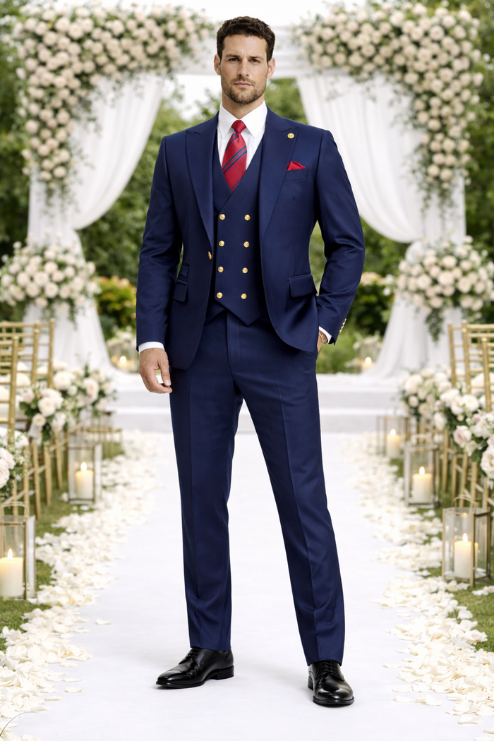 Rossiman Men’s Navy Blue Suit - Classic 1-Button Peak Lapel Jacket with Double-Breasted Vest by USA Men's Outlet