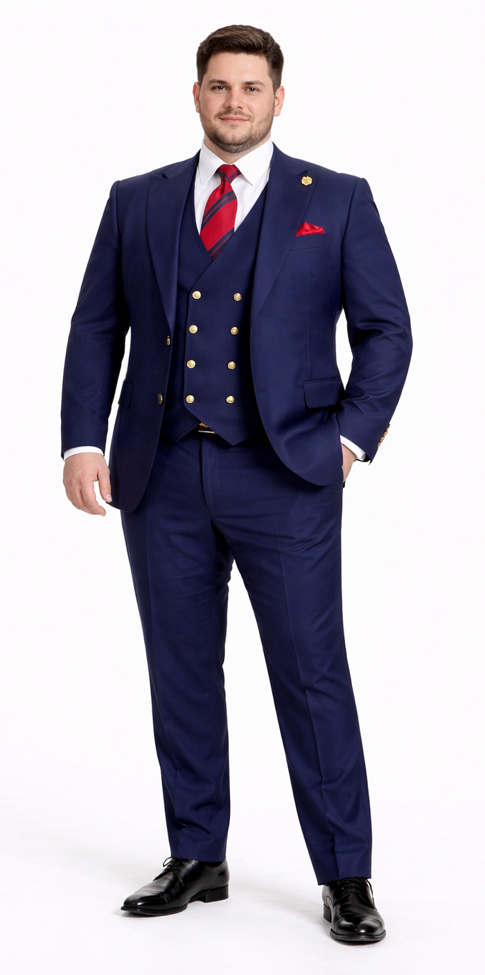 Rossiman Men’s Navy Blue Suit - Classic 1-Button Peak Lapel Jacket with Double-Breasted Vest by USA Men's Outlet