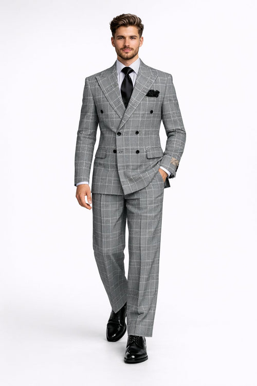 Suits With Baggy Pleated Pants - Wide Leg Pants 100% Wool - Classic Fit in Black and White Plaid Color by Rossiman USA Men's Outlet