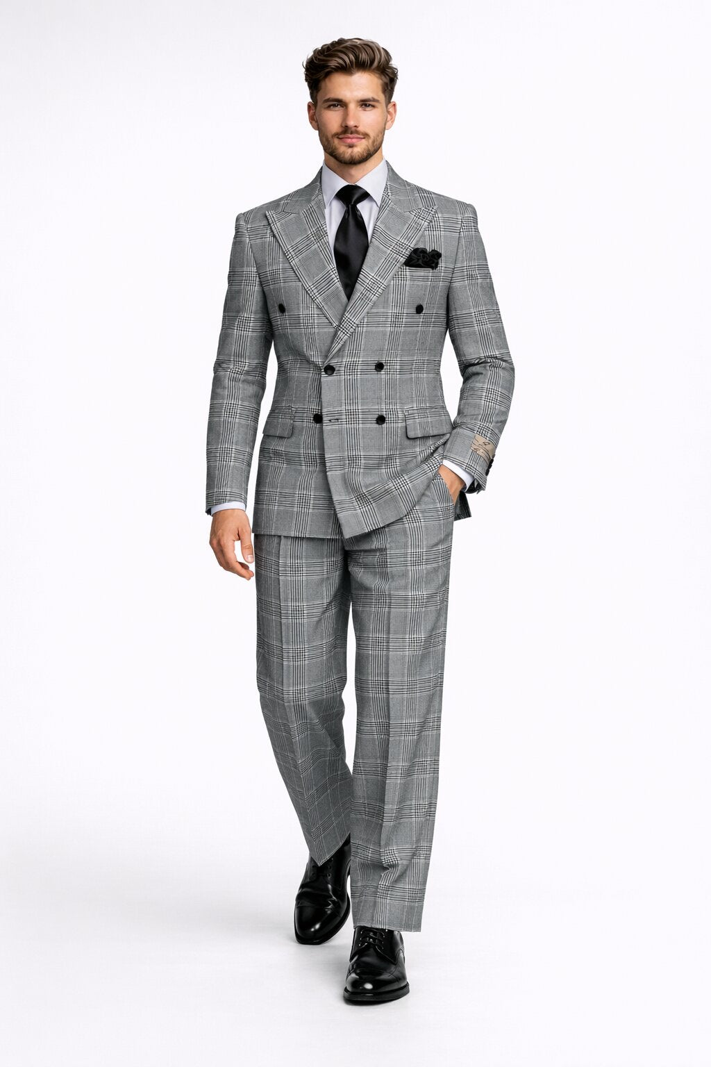 Suits With Baggy Pleated Pants - Wide Leg Pants 100% Wool - Classic Fit in Black and White Plaid Color by Rossiman USA Men's Outlet