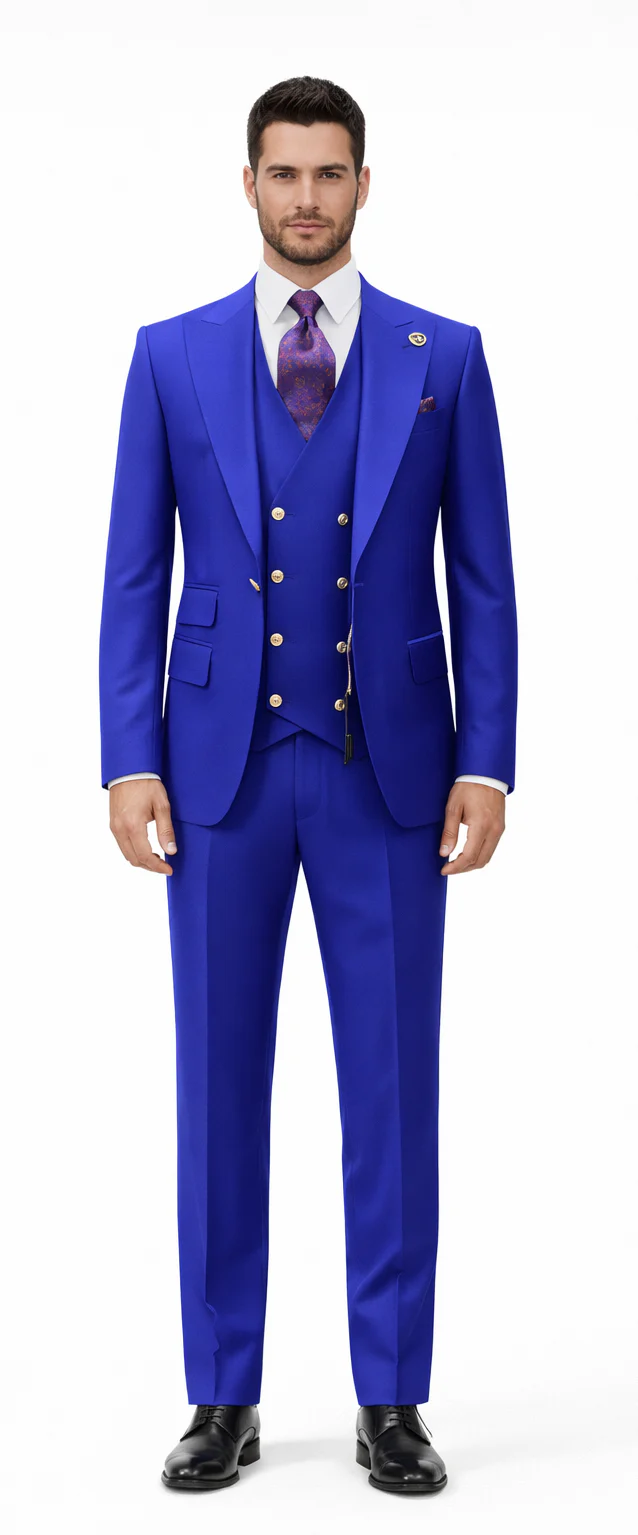 Rossiman Royal Blue Suit for Men - Classic 1-Button Peak Lapel Jacket & Double-Breasted Vest - Italian Tailored 3-Piece Luxury Suit USA Men's Outlet