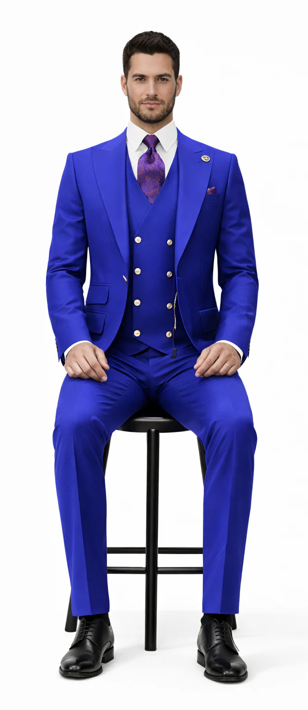 Rossiman Royal Blue Suit for Men - Classic 1-Button Peak Lapel Jacket & Double-Breasted Vest - Italian Tailored 3-Piece Luxury Suit USA Men's Outlet