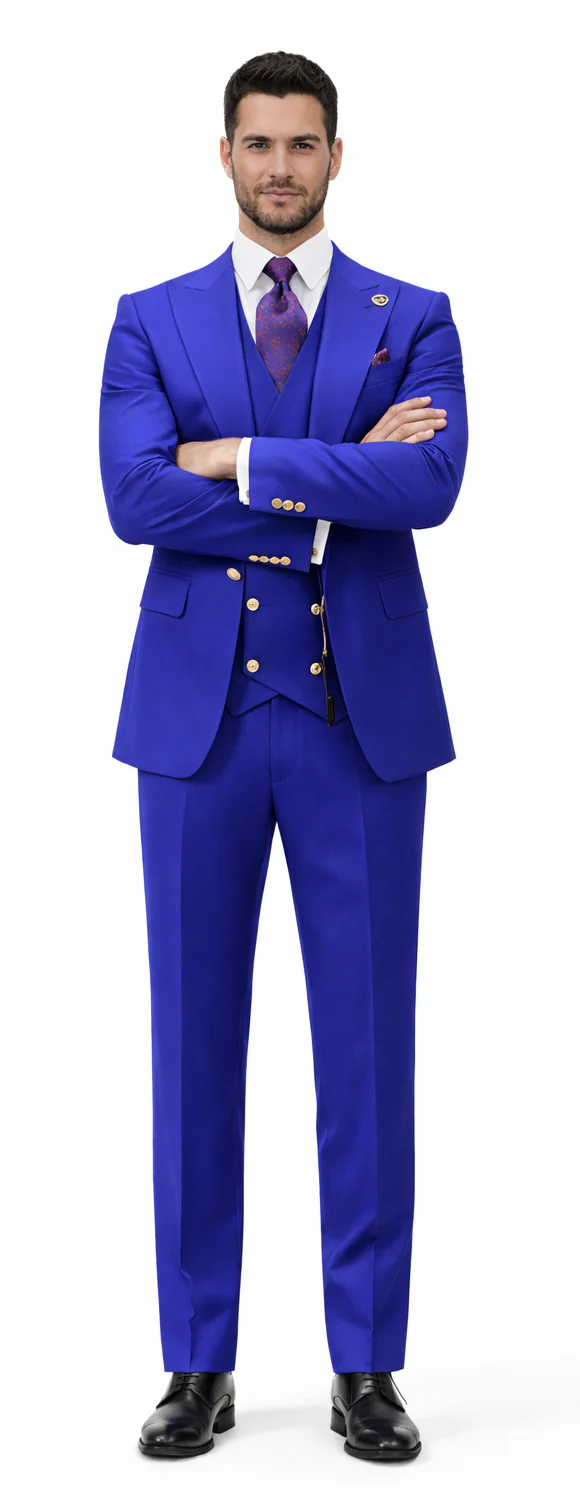 Rossiman Royal Blue Suit for Men - Classic 1-Button Peak Lapel Jacket & Double-Breasted Vest - Italian Tailored 3-Piece Luxury Suit USA Men's Outlet