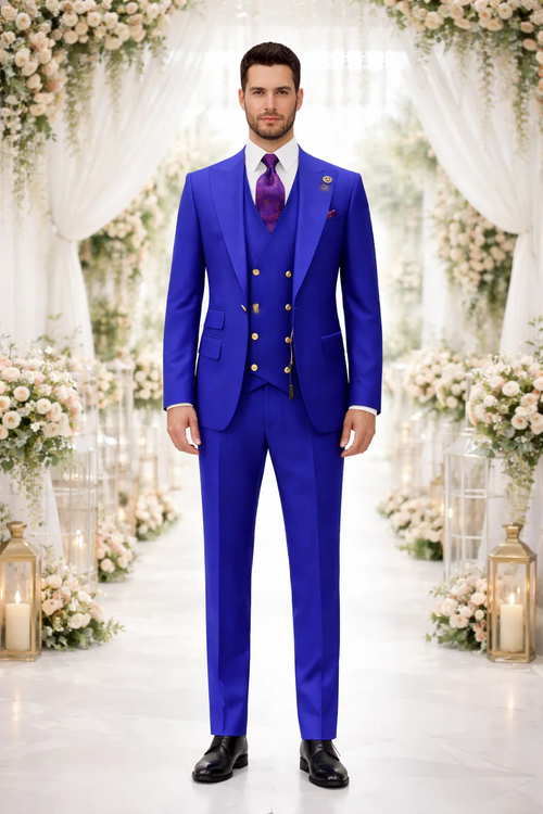 Rossiman Royal Blue Suit for Men - Classic 1-Button Peak Lapel Jacket & Double-Breasted Vest - Italian Tailored 3-Piece Luxury Suit USA Men's Outlet