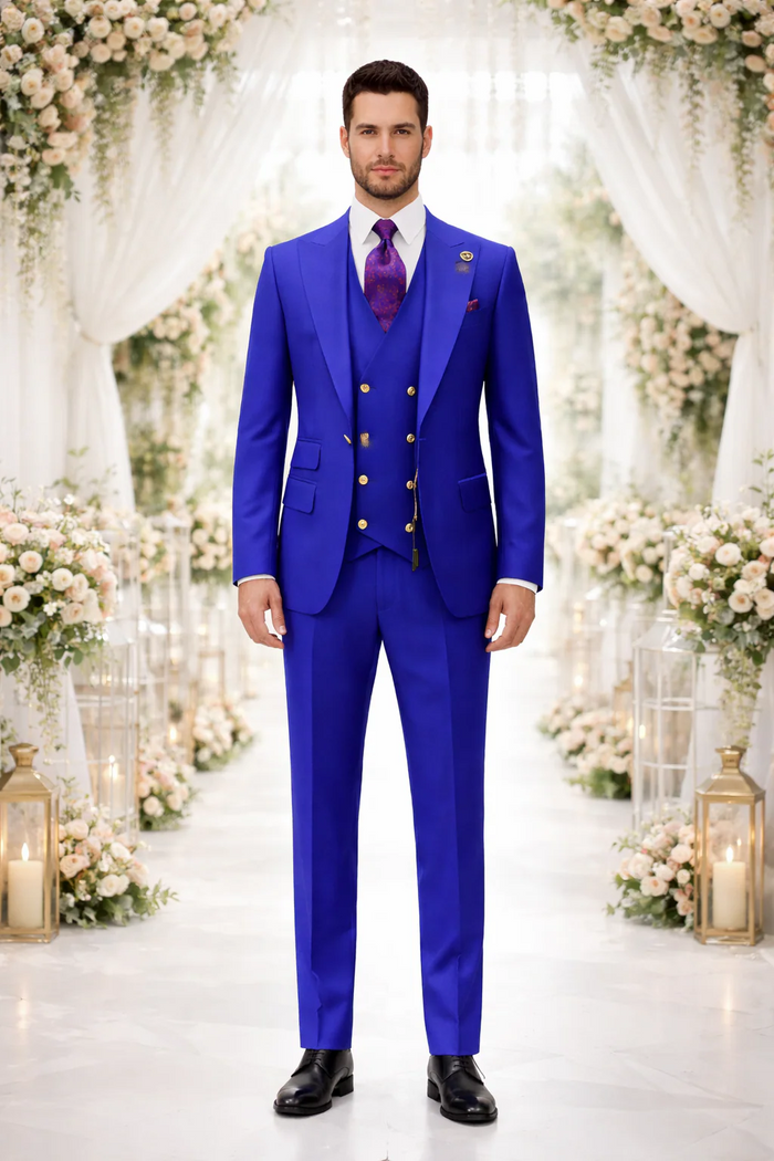 Rossiman Royal Blue Suit for Men - Classic 1-Button Peak Lapel Jacket & Double-Breasted Vest - Italian Tailored 3-Piece Luxury Suit USA Men's Outlet