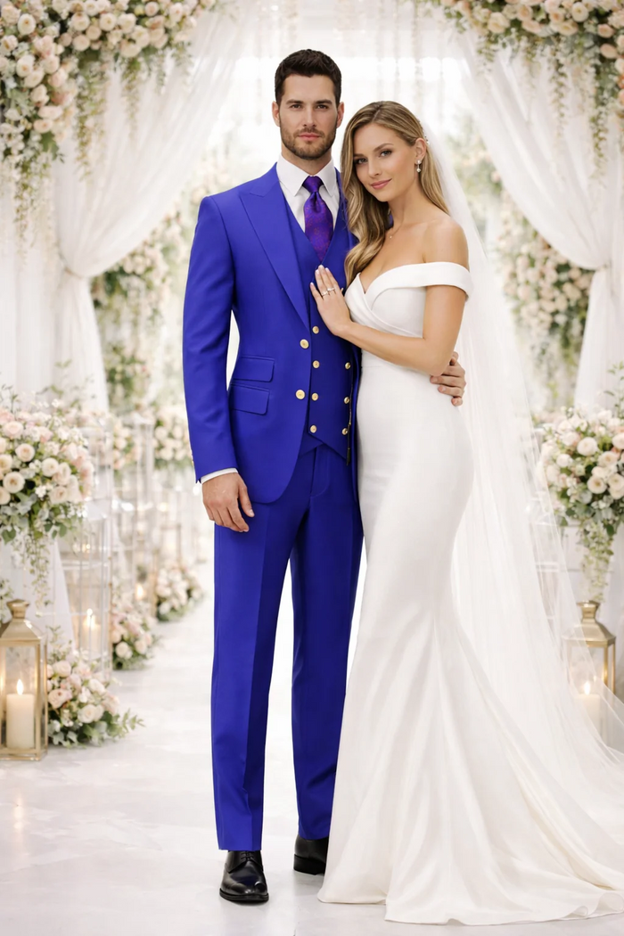 Rossiman Royal Blue Suit for Men - Classic 1-Button Peak Lapel Jacket & Double-Breasted Vest - Italian Tailored 3-Piece Luxury Suit USA Men's Outlet