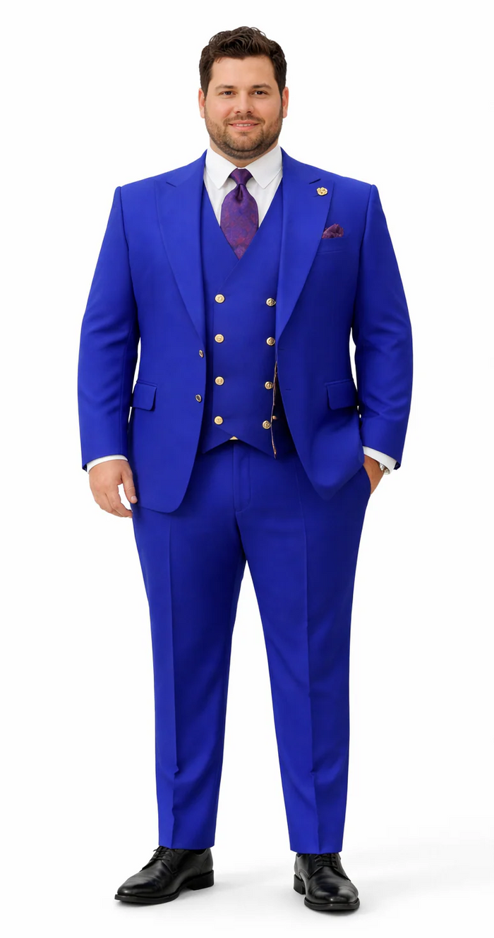 Rossiman Royal Blue Suit for Men - Classic 1-Button Peak Lapel Jacket & Double-Breasted Vest - Italian Tailored 3-Piece Luxury Suit USA Men's Outlet