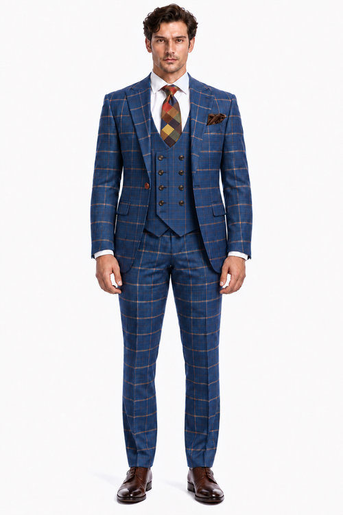 Rossiman Men’s Navy & Gray Plaid Double-Breasted Suit - Two-Piece Formalwear - USA Men's Outlet