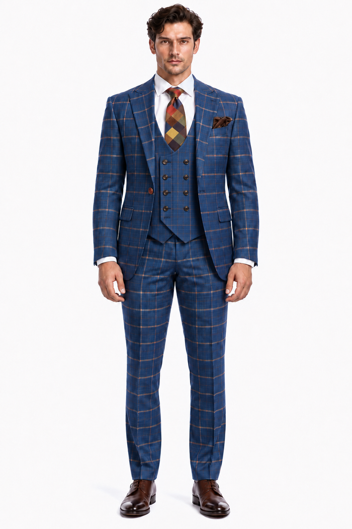 Rossiman Men’s Navy & Gray Plaid Double-Breasted Suit - Two-Piece Formalwear - USA Men's Outlet