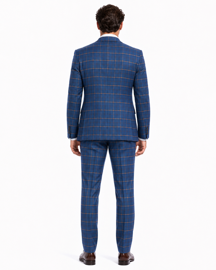 Rossiman Men’s Navy & Gray Plaid Double-Breasted Suit - Two-Piece Formalwear - USA Men's Outlet