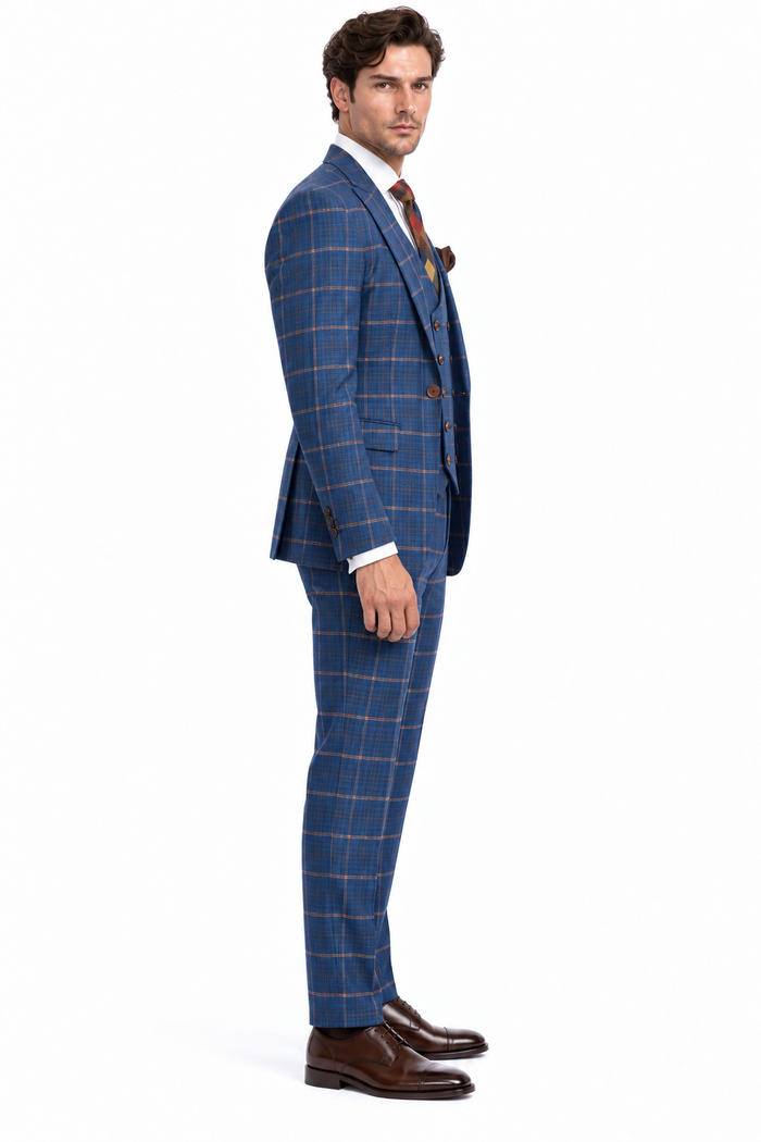Rossiman Men’s Navy & Gray Plaid Double-Breasted Suit - Two-Piece Formalwear - USA Men's Outlet