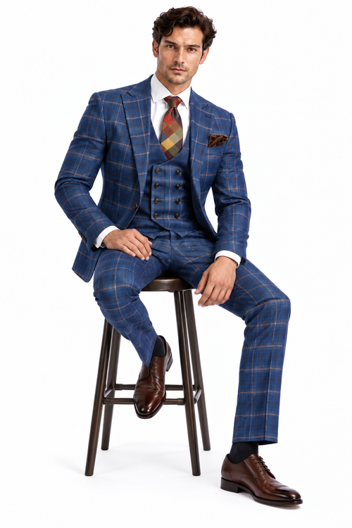 Rossiman Men’s Navy & Gray Plaid Double-Breasted Suit - Two-Piece Formalwear - USA Men's Outlet