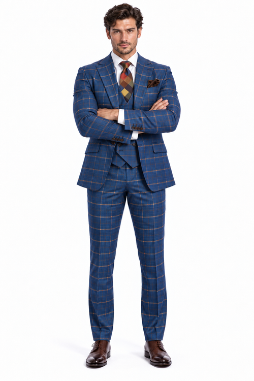 Rossiman Men’s Navy & Gray Plaid Double-Breasted Suit - Two-Piece Formalwear - USA Men's Outlet