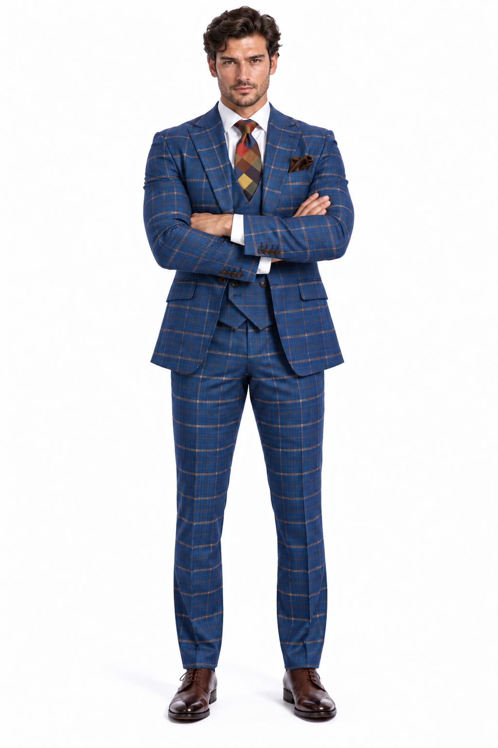 Rossiman Men’s Navy & Gray Plaid Double-Breasted Suit - Two-Piece Formalwear - USA Men's Outlet
