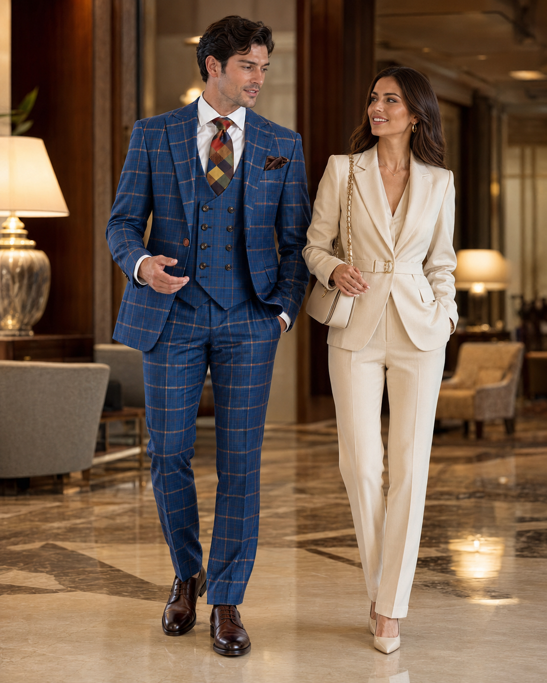 Rossiman Men’s Navy & Gray Plaid Double-Breasted Suit - Two-Piece Formalwear - USA Men's Outlet