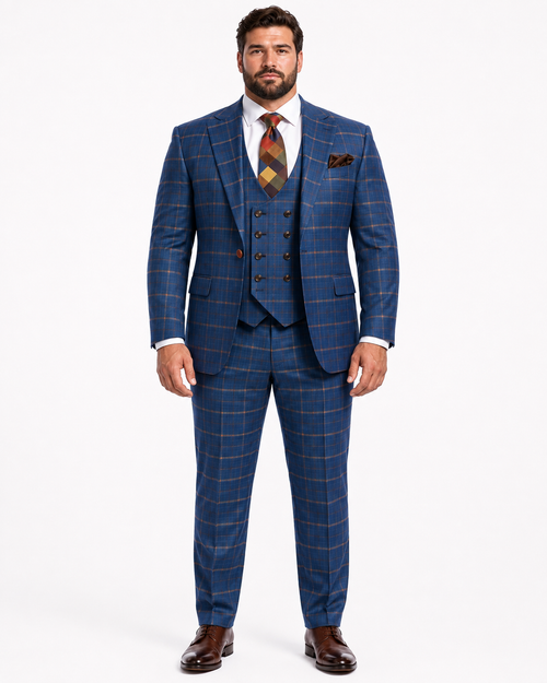 Rossiman Men’s Navy & Gray Plaid Double-Breasted Suit - Two-Piece Formalwear - USA Men's Outlet