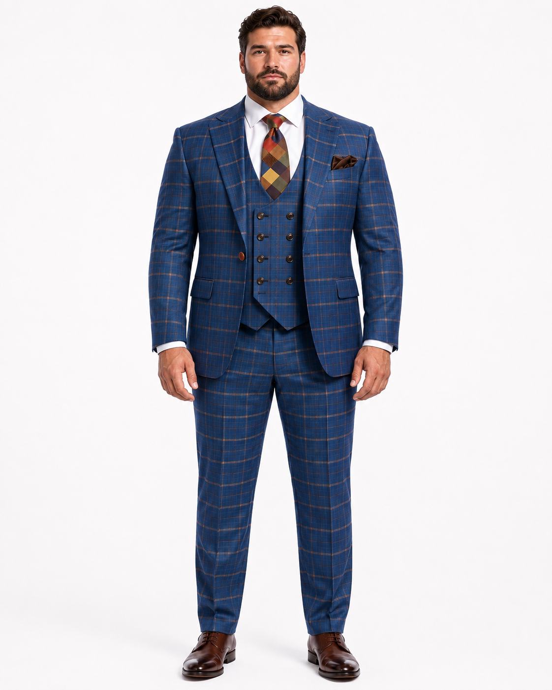 Rossiman Men’s Navy & Gray Plaid Double-Breasted Suit - Two-Piece Formalwear - USA Men's Outlet
