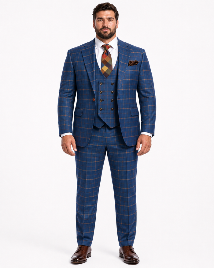 Rossiman Men’s Navy & Gray Plaid Double-Breasted Suit - Two-Piece Formalwear - USA Men's Outlet