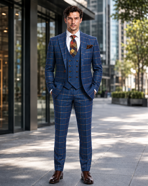 Rossiman Men’s Navy & Gray Plaid Double-Breasted Suit - Two-Piece Formalwear - USA Men's Outlet