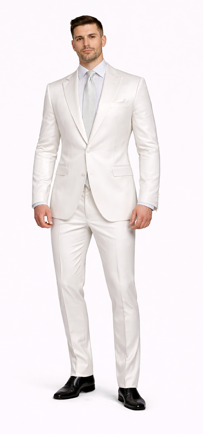 Rossiman White Sateen Suit for Men | High-Shine Formal Elegance – Italian Tailored Luxury Double-Breasted Suit